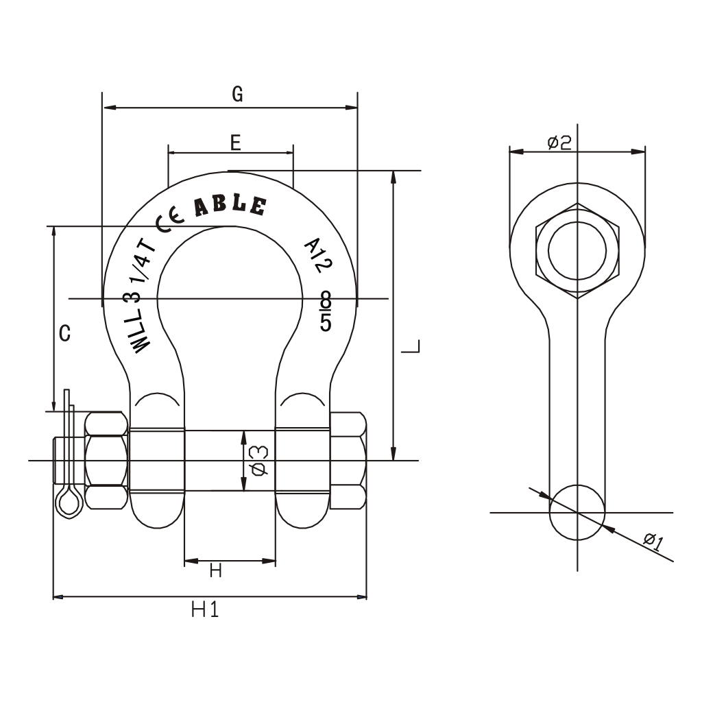 Rated Grade S Safety Pin Bow Shackle ABLE — Kanga Lifting